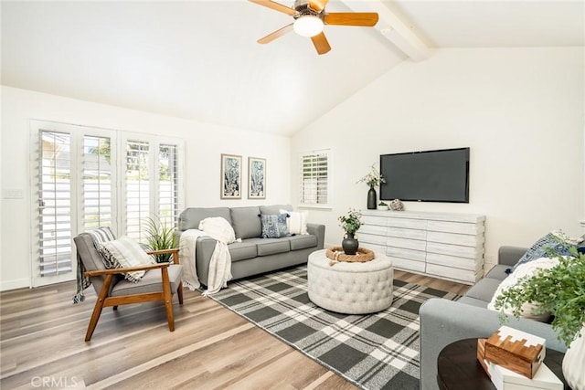 6772 Rook Dr, Huntington Beach, CA 92647 - living room featuring a ceiling fan, beam ceiling, wood finished floors, and high vaulted ceiling