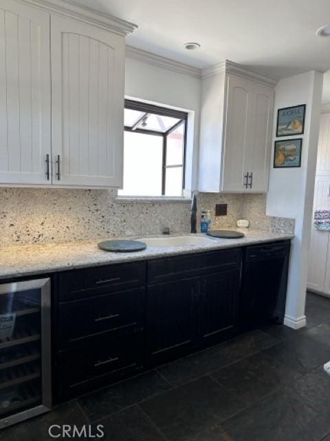 2322 249th St, Lomita, CA 90717 - kitchen featuring beverage cooler, decorative backsplash, black dishwasher, ornamental molding, and white cabinets