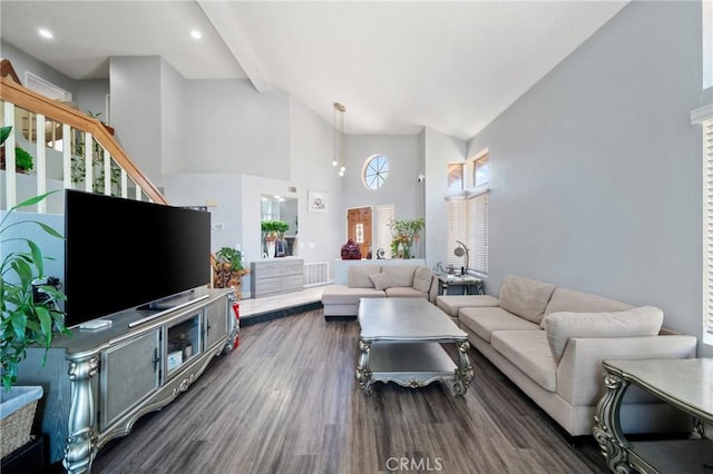 13555 Via, San Remo, Chino Hills, CA 91709 - living area featuring dark wood-style floors, beamed ceiling, high vaulted ceiling, and stairway
