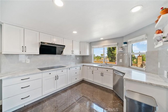 13555 Via, San Remo, Chino Hills, CA 91709 - kitchen featuring stainless steel dishwasher, extractor fan, black electric cooktop, open shelves, and dark marble finish flooring