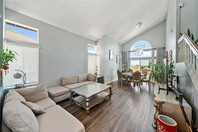 13555 Via, San Remo, Chino Hills, CA 91709 - living area featuring wood finished floors, a textured ceiling, and high vaulted ceiling