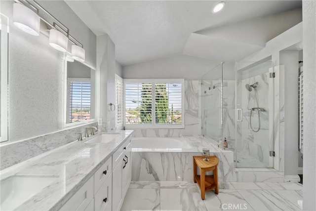 13555 Via, San Remo, Chino Hills, CA 91709 - full bathroom with a bath, a marble finish shower, double vanity, vaulted ceiling, and marble finish floors