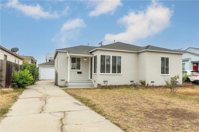 1534 W 154th Pl, Gardena, CA 90247 - view of front of property featuring crawl space, an outbuilding, stucco siding, roof with shingles, and a detached garage