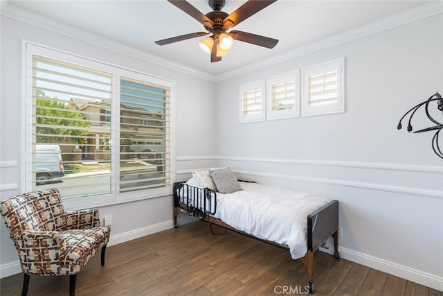 3720 Gunnison Cir, Corona, CA 92881 - bedroom featuring ornamental molding, wood finished floors, and a ceiling fan
