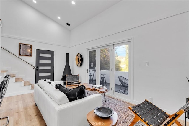501 Solway St, Glendale, CA 91206 - living area with recessed lighting, light wood finished floors, stairs, and high vaulted ceiling