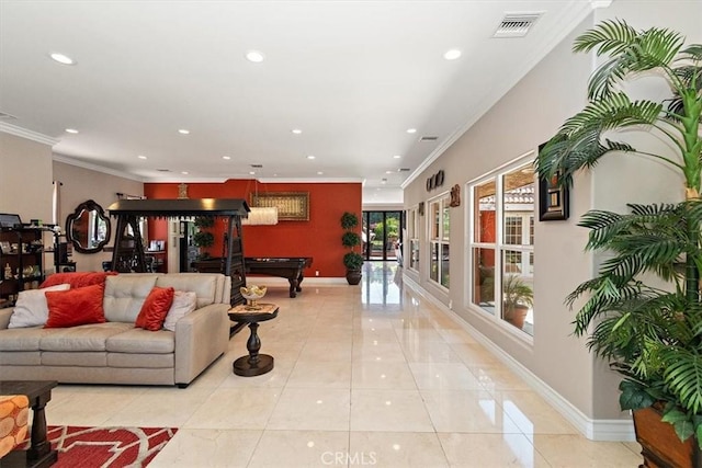 2335 N San Antonio Ave, Upland, CA 91784 - living area featuring recessed lighting, billiards table, crown molding, and light tile patterned floors