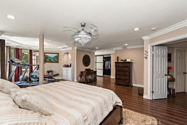 2335 N San Antonio Ave, Upland, CA 91784 - bedroom featuring recessed lighting, wood finished floors, crown molding, a chandelier, and connected bathroom