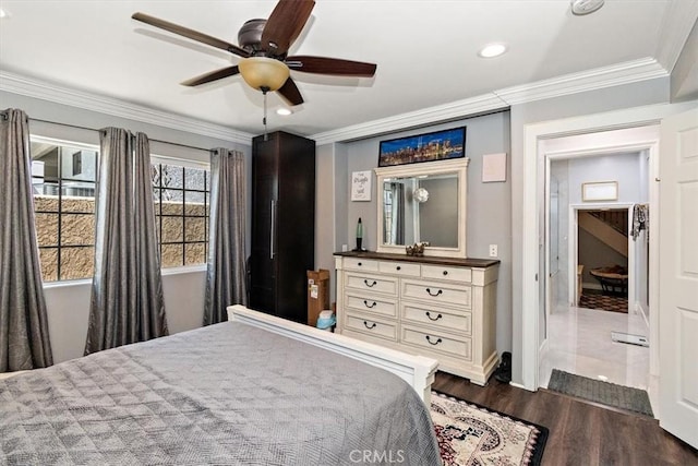 2335 N San Antonio Ave, Upland, CA 91784 - bedroom featuring ornamental molding, dark wood-style flooring, ceiling fan, and recessed lighting