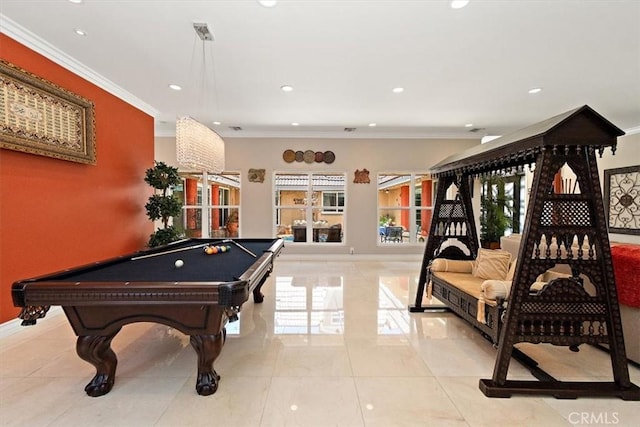 2335 N San Antonio Ave, Upland, CA 91784 - recreation room featuring recessed lighting, pool table, crown molding, and light tile patterned floors