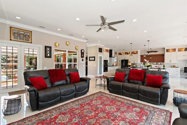 2335 N San Antonio Ave, Upland, CA 91784 - living room with a ceiling fan, recessed lighting, ornamental molding, light tile patterned floors, and french doors