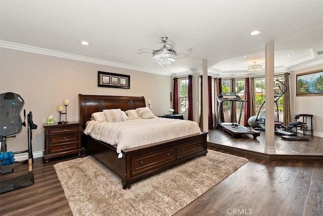 2335 N San Antonio Ave, Upland, CA 91784 - bedroom featuring dark wood finished floors, ornamental molding, recessed lighting, a baseboard heating unit, and access to outside
