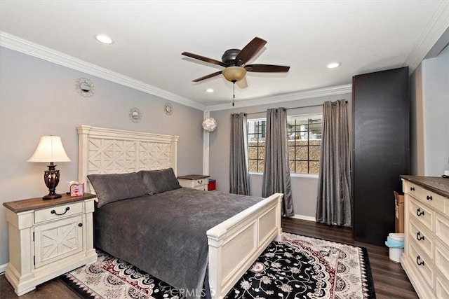 2335 N San Antonio Ave, Upland, CA 91784 - bedroom featuring dark wood-style floors, ornamental molding, recessed lighting, and a ceiling fan