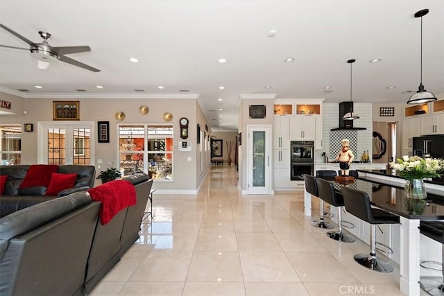 2335 N San Antonio Ave, Upland, CA 91784 - living area with ceiling fan, recessed lighting, light tile patterned floors, and ornamental molding