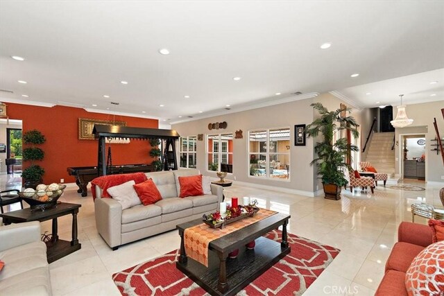 2335 N San Antonio Ave, Upland, CA 91784 - living area with crown molding, light tile patterned floors, and recessed lighting
