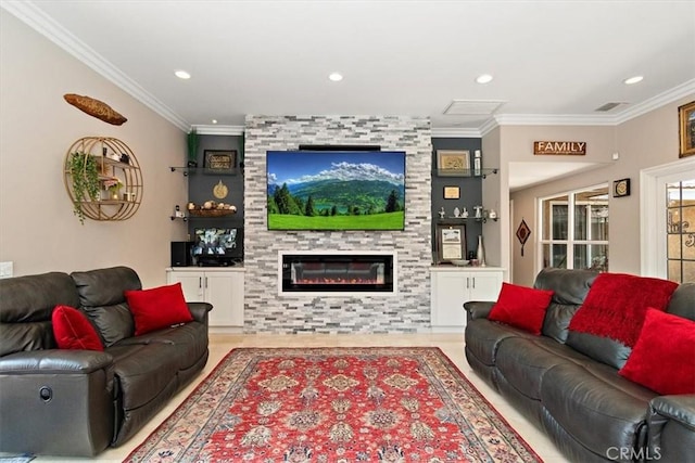 2335 N San Antonio Ave, Upland, CA 91784 - living area featuring crown molding, a large fireplace, and recessed lighting