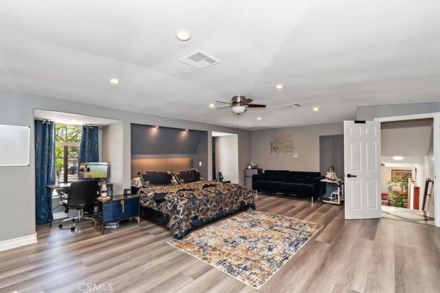 2335 N San Antonio Ave, Upland, CA 91784 - bedroom featuring wood finished floors, an office area, recessed lighting, and ceiling fan