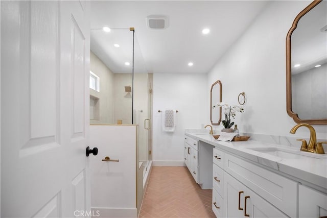 801 Navajo Dr, Riverside, CA 92507 - bathroom with double vanity, a shower stall, and recessed lighting