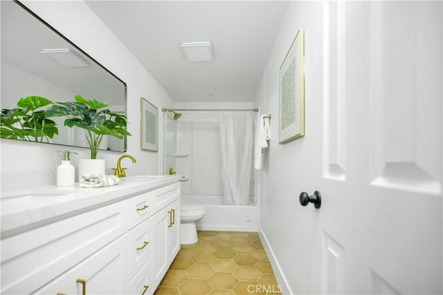 801 Navajo Dr, Riverside, CA 92507 - full bathroom featuring double vanity, shower / tub combo with curtain, and tile patterned flooring