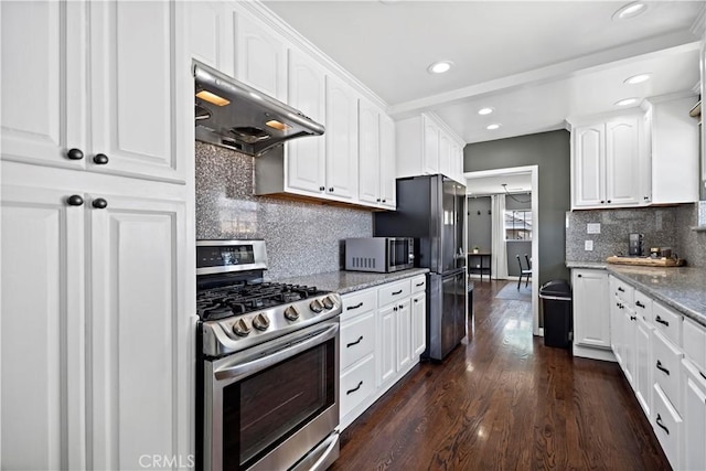 1425 Violeta Dr, Alhambra, CA 91801 - kitchen featuring stainless steel appliances, exhaust hood, white cabinets, and recessed lighting