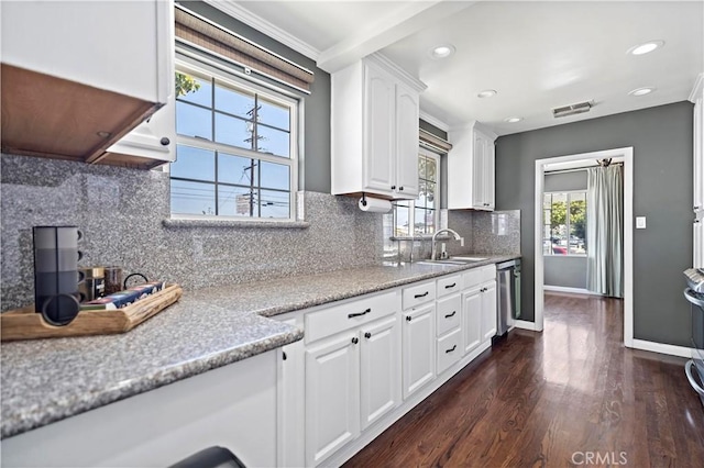 1425 Violeta Dr, Alhambra, CA 91801 - kitchen featuring dark wood finished floors, white cabinets, dishwasher, recessed lighting, and backsplash