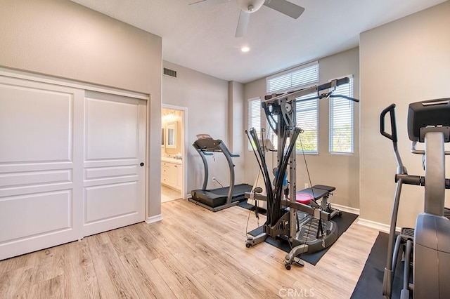 5 Kennedy Ct, Coto De Caza, CA 92679 - exercise area featuring light wood finished floors, a ceiling fan, and recessed lighting