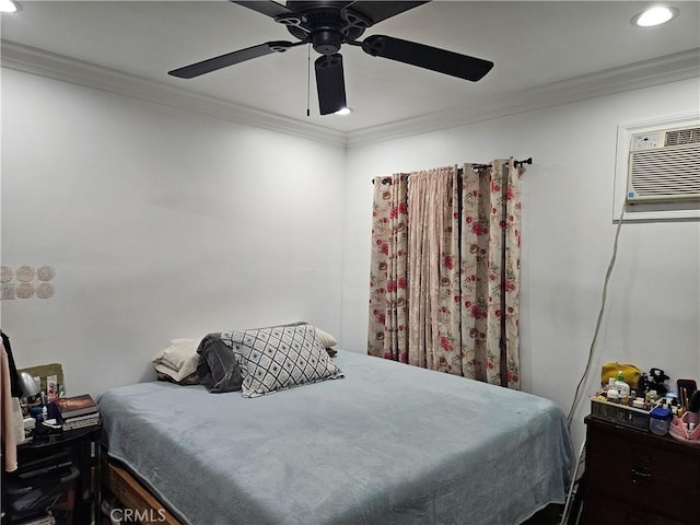 1722 W 60th Pl, Los Angeles, CA 90047 - bedroom with ornamental molding, recessed lighting, a ceiling fan, and an AC wall unit