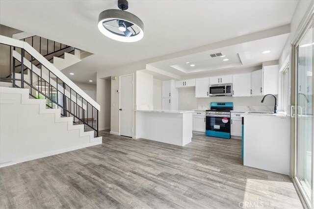 1077 Santo Antonio Dr Unit 54, Colton, CA 92324 - kitchen with appliances with stainless steel finishes, a raised ceiling, light wood finished floors, light countertops, and recessed lighting