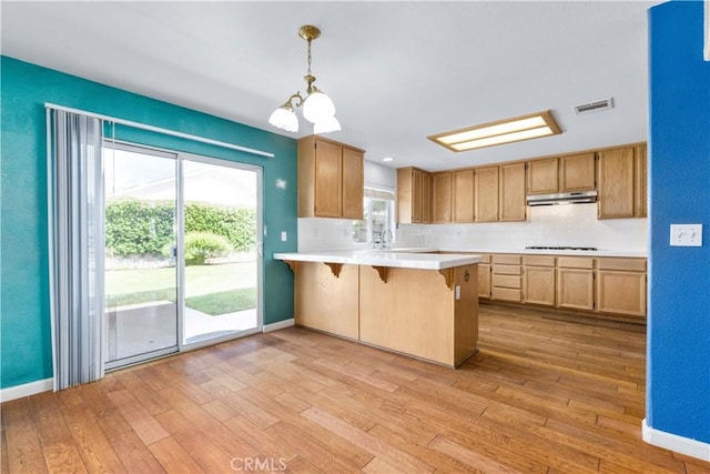 1678 Bella Vista Ct, Paso Robles, CA 93446 - kitchen featuring a peninsula, under cabinet range hood, light countertops, a kitchen bar, and decorative backsplash