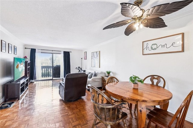 1610 Neil Armstrong St Unit 313, Montebello, CA 90640 - dining area featuring crown molding, a textured ceiling, and a ceiling fan