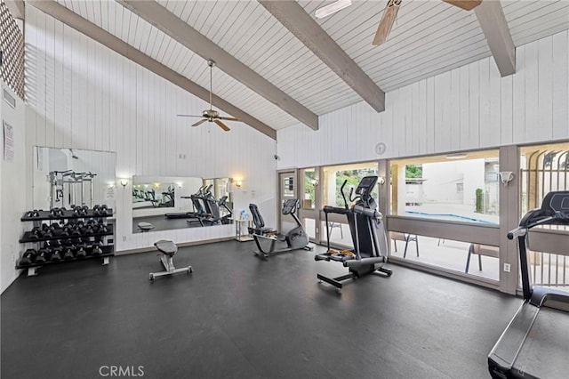 1610 Neil Armstrong St Unit 313, Montebello, CA 90640 - exercise room featuring a ceiling fan, high vaulted ceiling, beam ceiling, and wooden walls