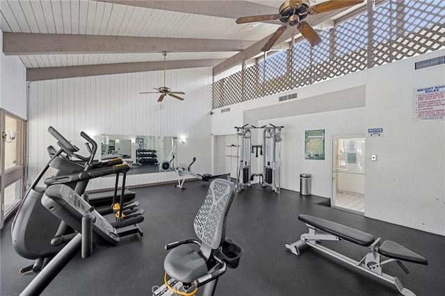 1610 Neil Armstrong St Unit 313, Montebello, CA 90640 - workout area featuring ceiling fan, high vaulted ceiling, and beam ceiling