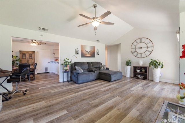 2619 Amanecida, Chico, CA 95928 - living room featuring a ceiling fan, lofted ceiling, and wood finished floors