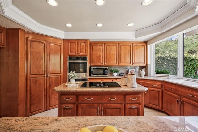 24615 Kings Rd, Laguna Niguel, CA 92677 - kitchen with appliances with stainless steel finishes, light tile patterned floors, light stone countertops, ornamental molding, and recessed lighting