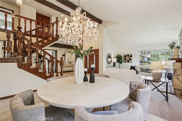 24615 Kings Rd, Laguna Niguel, CA 92677 - dining room featuring stairs, a chandelier, beam ceiling, and high vaulted ceiling