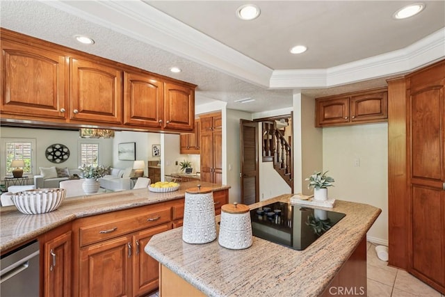 24615 Kings Rd, Laguna Niguel, CA 92677 - kitchen featuring black electric stovetop, brown cabinetry, recessed lighting, a center island, and light tile patterned floors