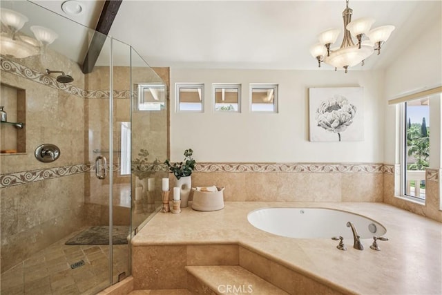 24615 Kings Rd, Laguna Niguel, CA 92677 - bathroom featuring a stall shower, a bath, and a chandelier
