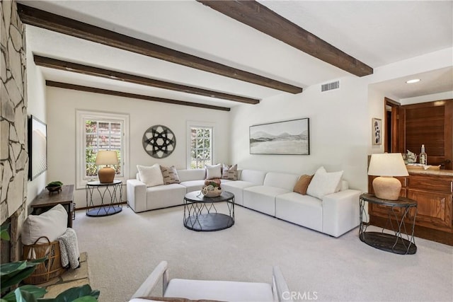 24615 Kings Rd, Laguna Niguel, CA 92677 - living room featuring carpet floors, beamed ceiling, and recessed lighting