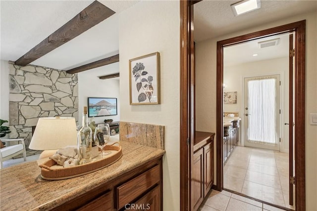 24615 Kings Rd, Laguna Niguel, CA 92677 - bathroom with tile patterned flooring, beamed ceiling, and vanity