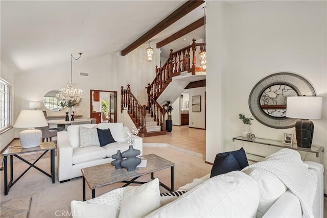 24615 Kings Rd, Laguna Niguel, CA 92677 - living room with a chandelier, healthy amount of natural light, stairs, carpet flooring, and beam ceiling