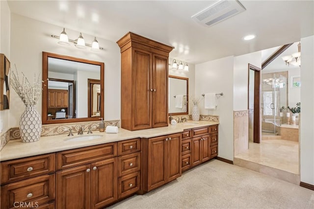 24615 Kings Rd, Laguna Niguel, CA 92677 - full bathroom featuring double vanity, a chandelier, and carpet