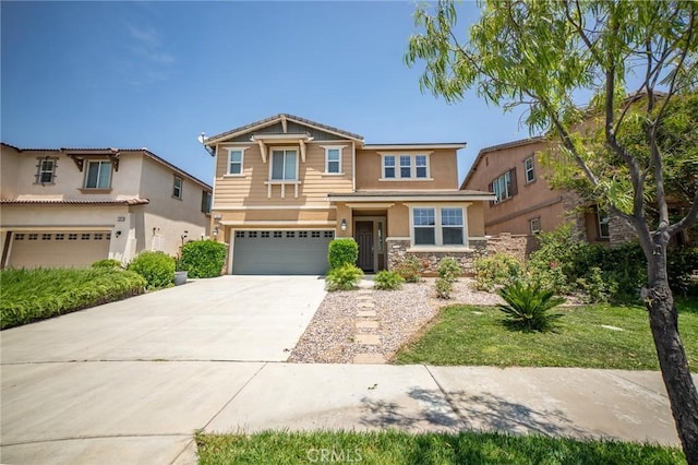 15930 Chorus Ln, Fontana, CA 92336 - craftsman house with a garage, stucco siding, stone siding, and concrete driveway
