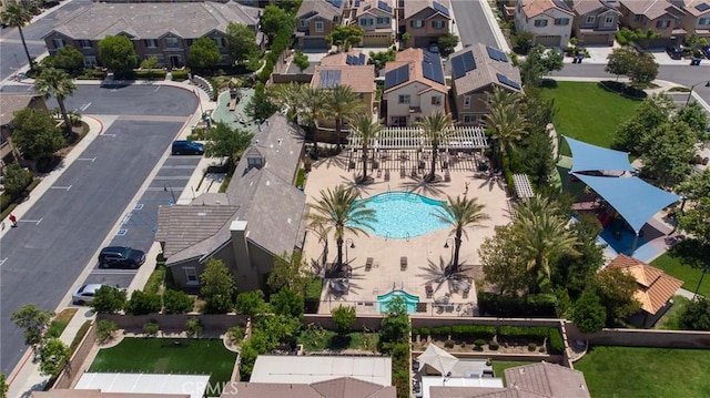 15930 Chorus Ln, Fontana, CA 92336 - aerial perspective of suburban area featuring a pool area