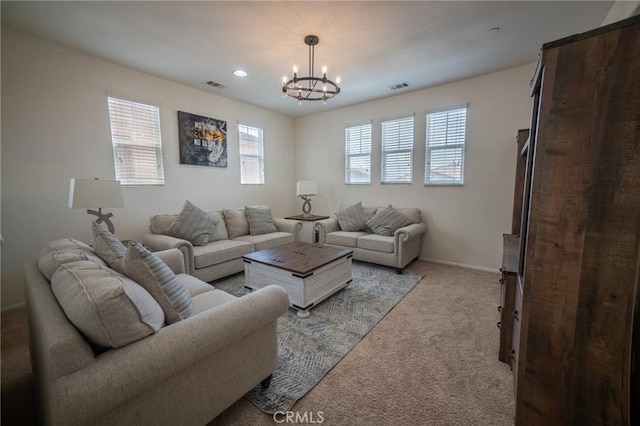 15930 Chorus Ln, Fontana, CA 92336 - living area featuring light carpet, a chandelier, and recessed lighting