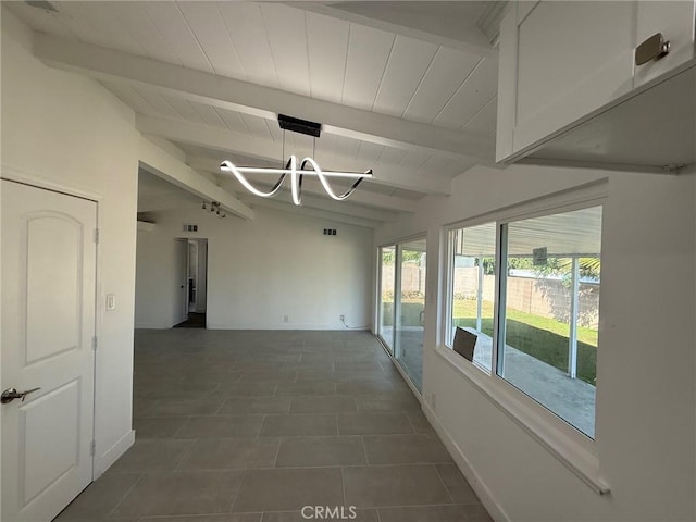14516 Florita Rd, La Mirada, CA 90638 - corridor featuring a chandelier, a wooden ceiling with exposed beams, and dark tile patterned floors