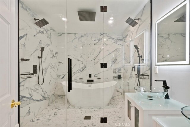 10225 Donna Ave, Northridge, CA 91324 - bathroom with double vanity, a marble finish shower, and a freestanding tub