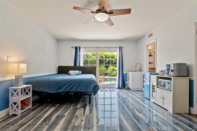 10225 Donna Ave, Northridge, CA 91324 - bedroom with access to outside, wood finished floors, and ceiling fan