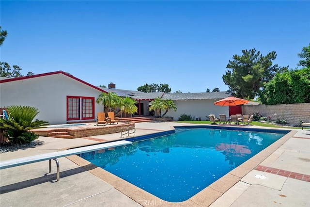 10225 Donna Ave, Northridge, CA 91324 - view of swimming pool with a diving board, a patio area, french doors, and a hot tub