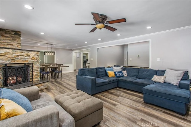 5169 Telefair Way, Riverside, CA 92506 - living room with ornamental molding, wood finished floors, a ceiling fan, recessed lighting, and wainscoting