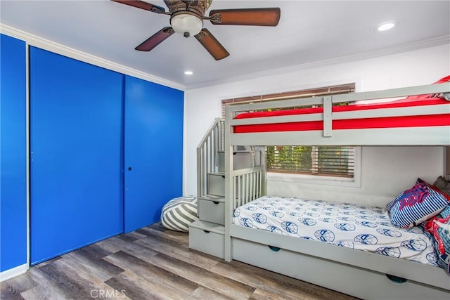 5169 Telefair Way, Riverside, CA 92506 - bedroom featuring wood finished floors, ornamental molding, recessed lighting, ceiling fan, and a closet