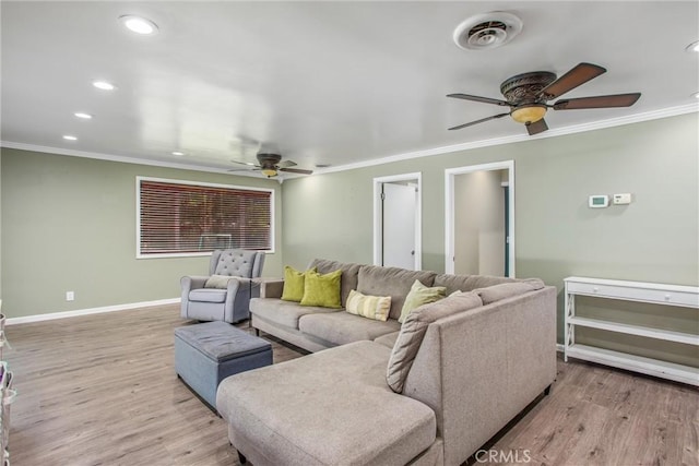 5169 Telefair Way, Riverside, CA 92506 - living room featuring a ceiling fan, ornamental molding, recessed lighting, and wood finished floors